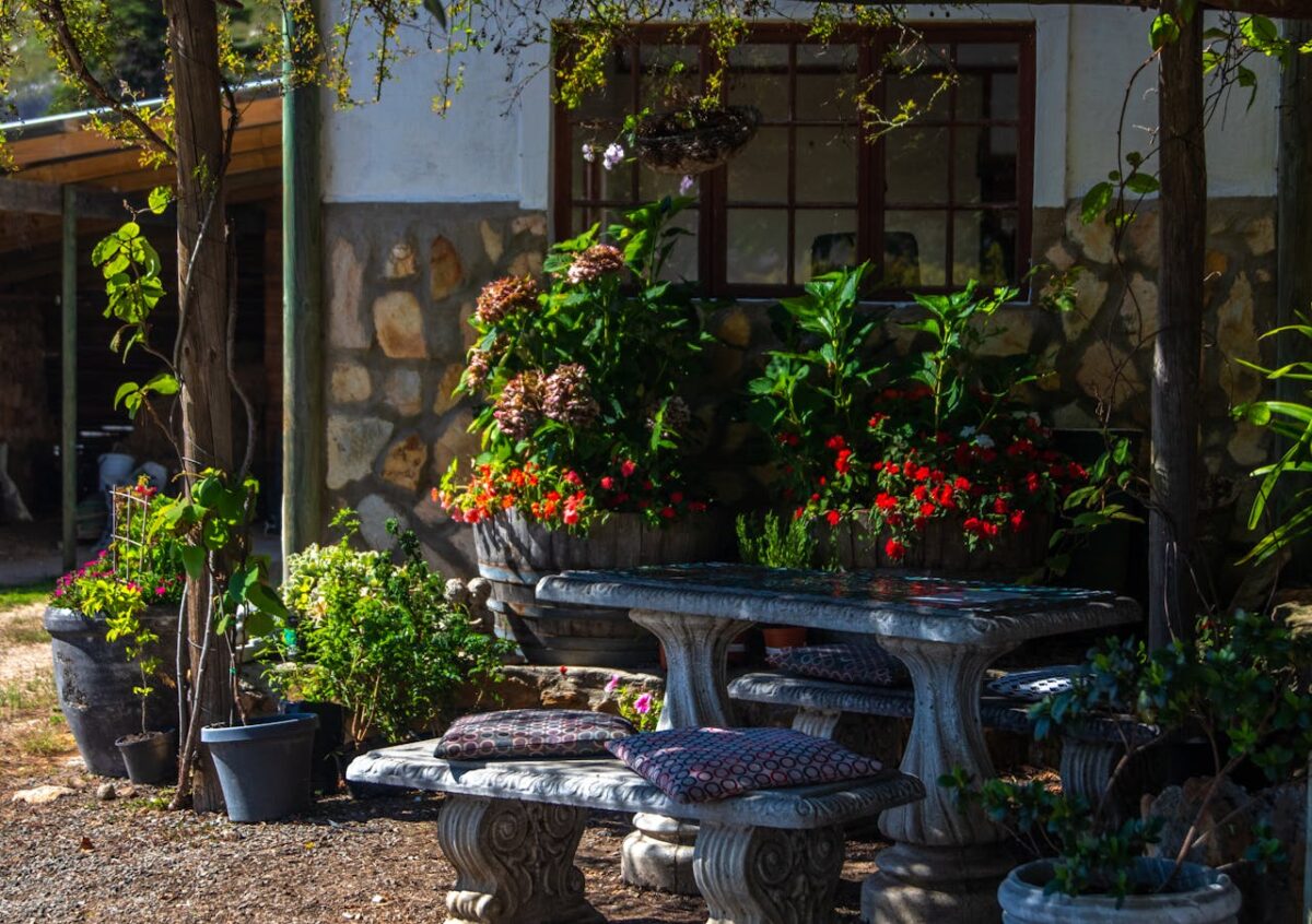 services-01 Serene outdoor garden patio with stone table and benches, surrounded by vibrant potted plants.